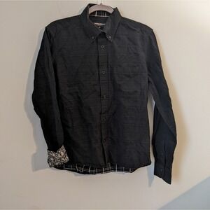 Black men's dress shirt with square design and printed cuffs